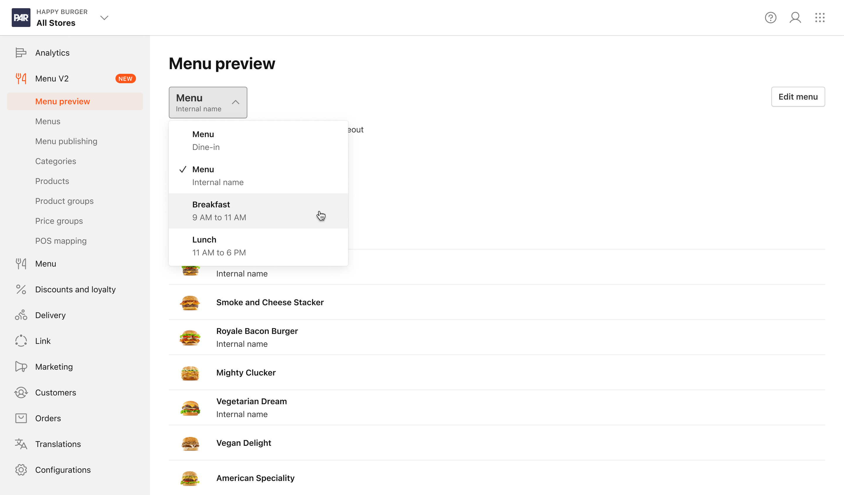 Menu Previews - Brand level